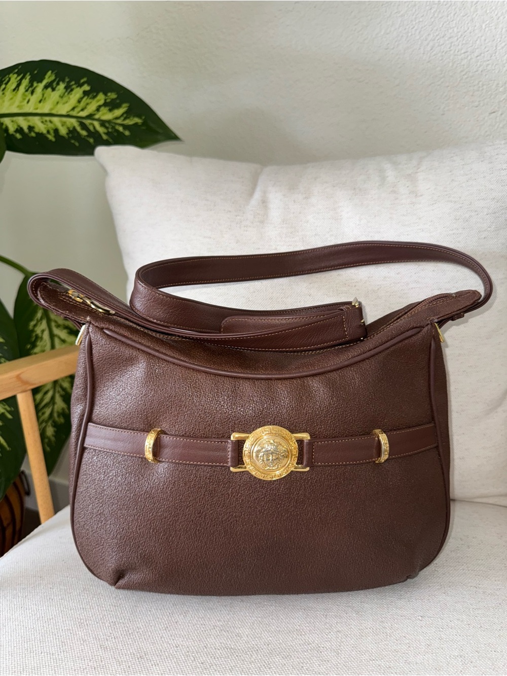 Vintage Gianni Versace Brown Leather Gold Medallion Medusa Crossbody ShoulderBag